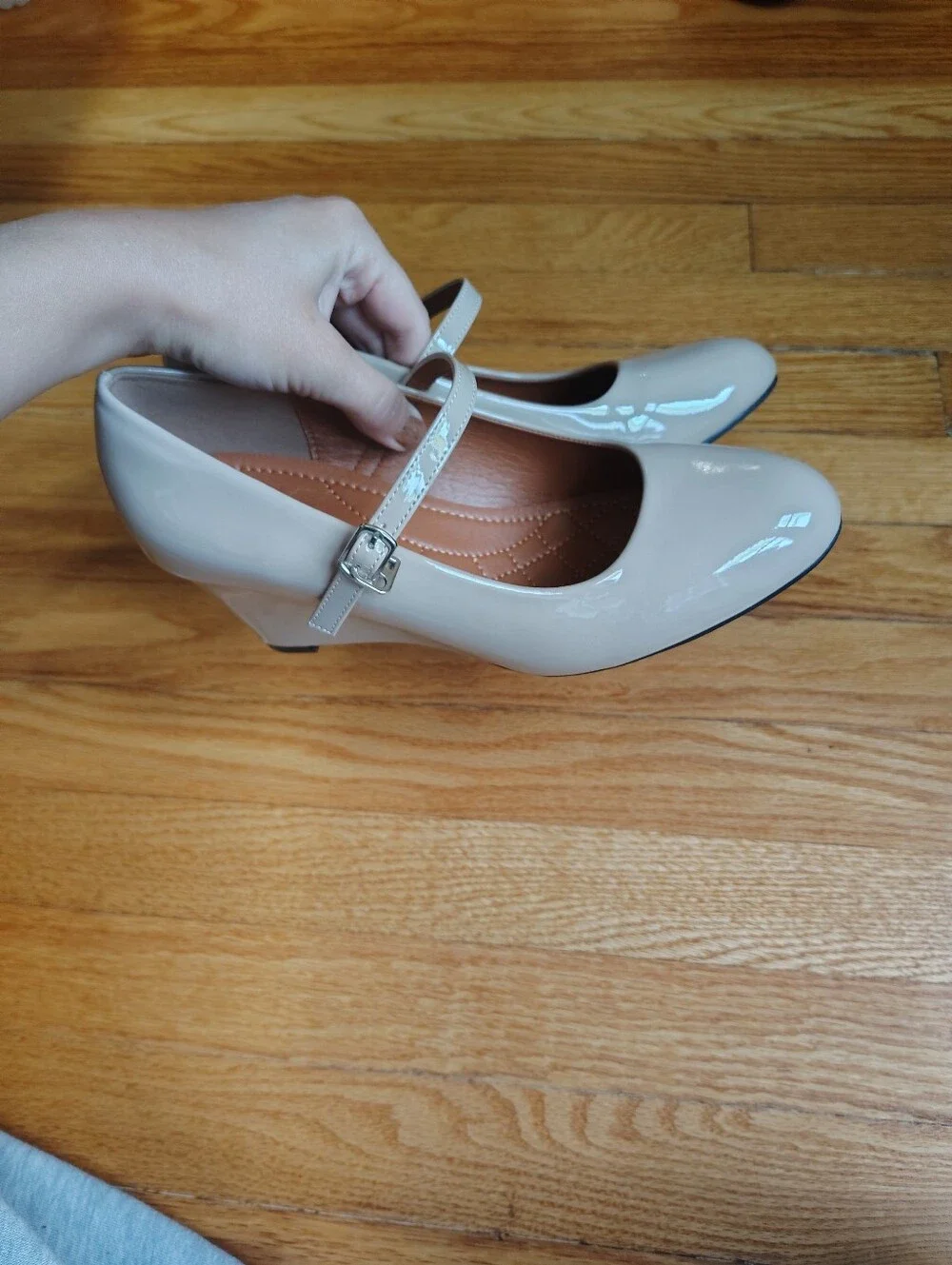 Comfortable Nude Patent Mary Jane Wedge Pumps - Size 39 (US 8.5)